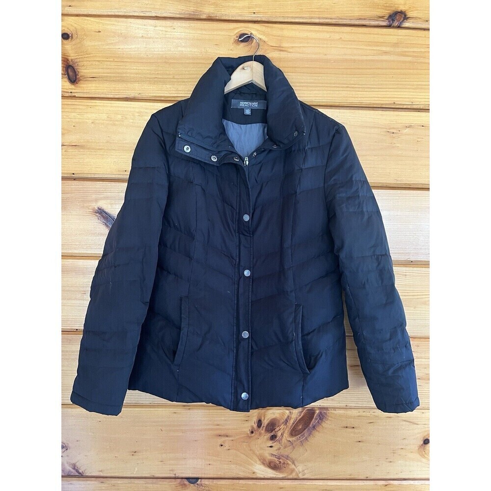 Kenneth Cole Women's Down Puffer Jacket Size L Quilted Black Snap Zip